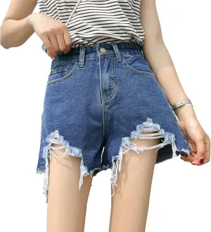 JEKE-DG Women's Ripped Denim Shorts High Waisted Distressed Denim Shorts Frayed Raw Hem Jeans Shorts Casual Pants