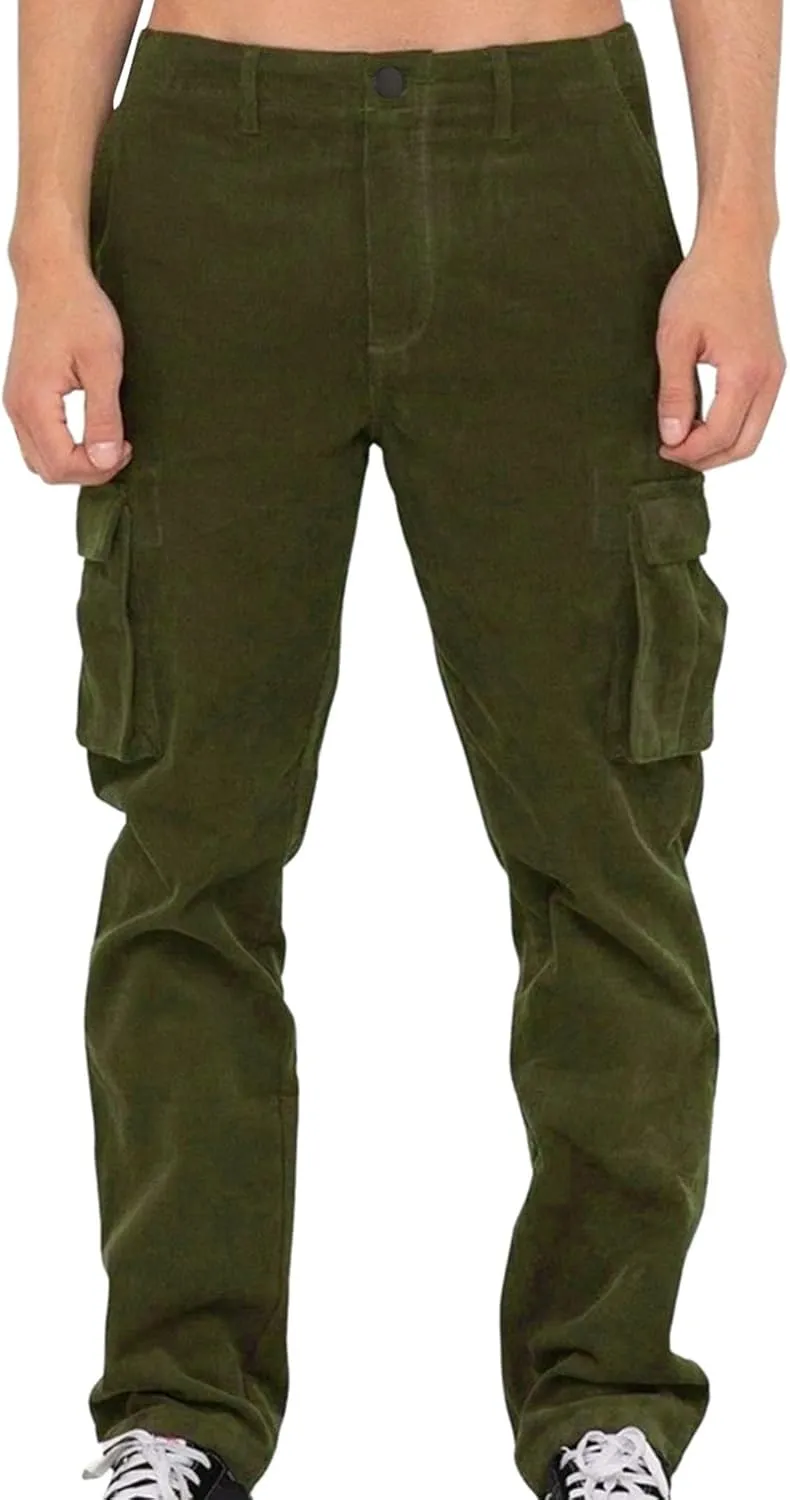 JEShifangjiusu Men'S Loose Corduroy Trousers Elastic Waist Pocket Straight Leg Pants Pleated Classic-Fit Stretch Chino Pant