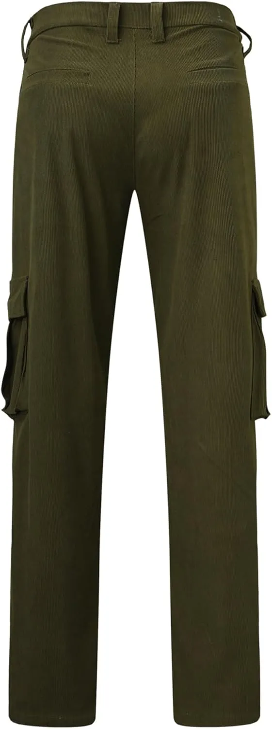JEShifangjiusu Men'S Loose Corduroy Trousers Elastic Waist Pocket Straight Leg Pants Pleated Classic-Fit Stretch Chino Pant