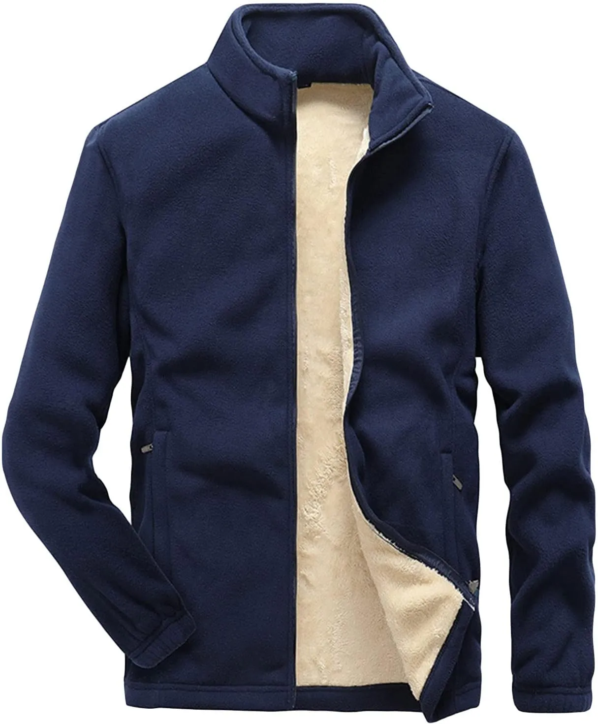 JEsilunmaMY Men's Fall Winter Sherpa Lined Jacket Full Zip Stand Collar Warm Coat with Pocket Casual Loose Fleece Bomber Coat