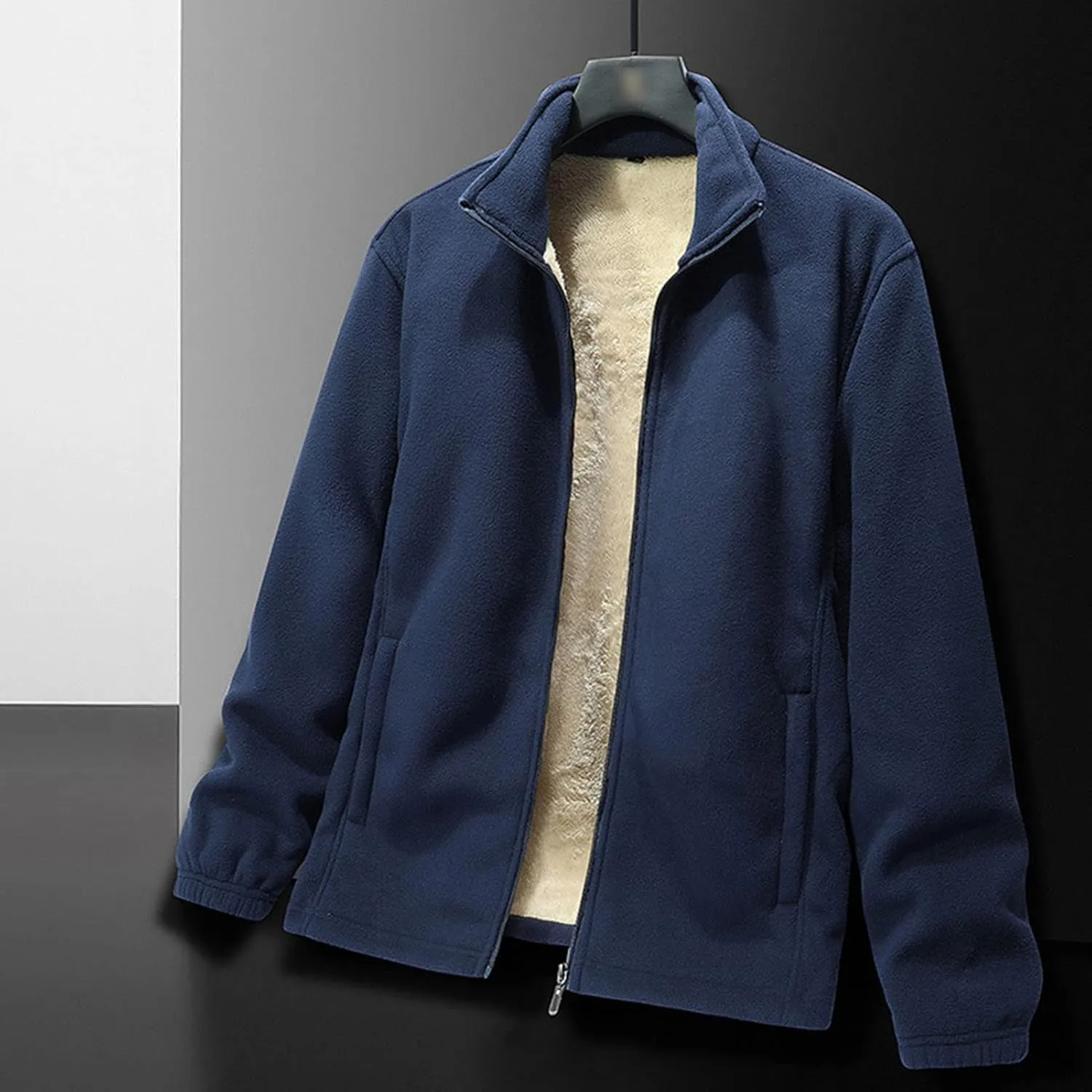 JEsilunmaMY Men's Fall Winter Sherpa Lined Jacket Full Zip Stand Collar Warm Coat with Pocket Casual Loose Fleece Bomber Coat