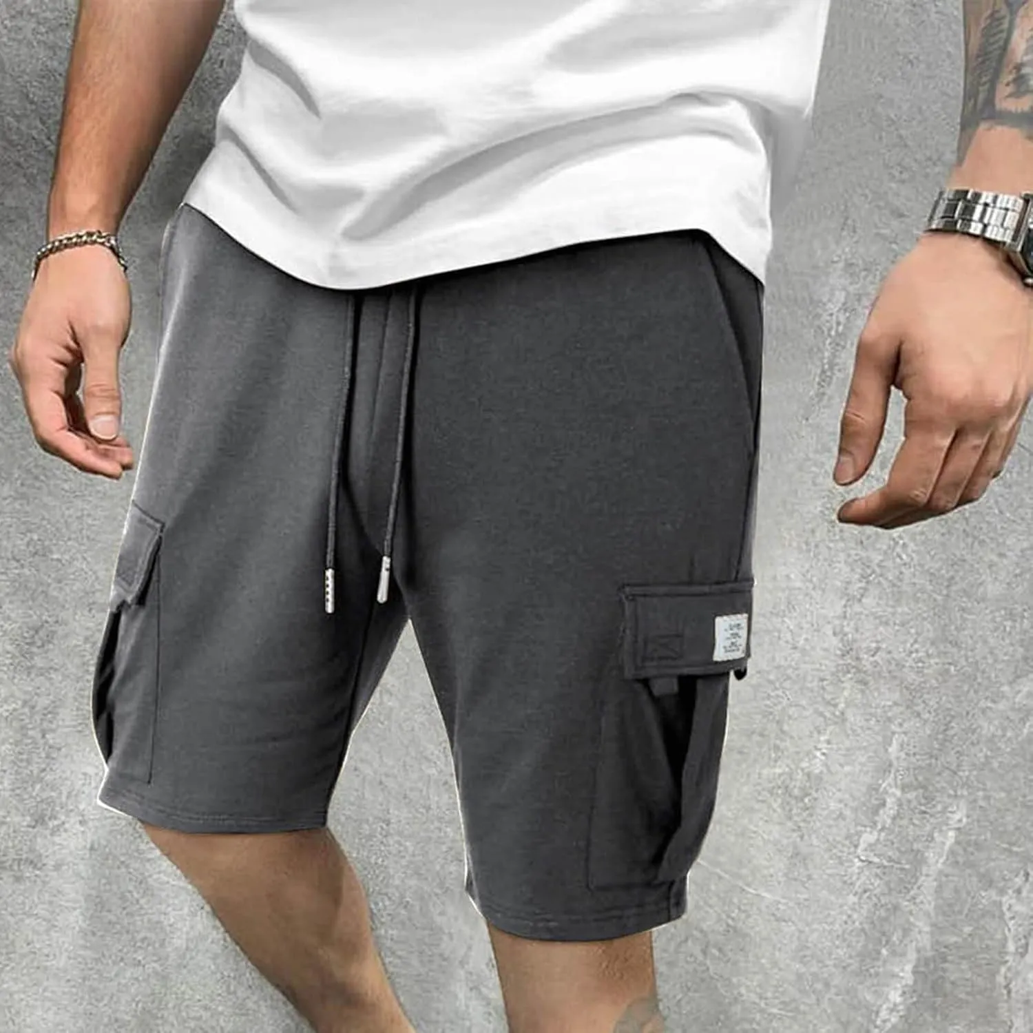 JIEMUXIU Cargo Shorts for Men Casual Drawstring Elastic Waist Athletic Cargo Shorts Workout Gym Jogger Shorts with 4 Pockets