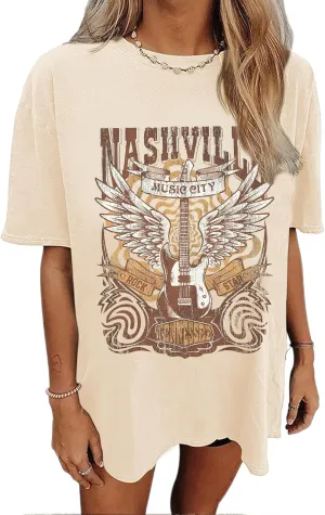 Jinluth Nashville Tshirt for Women Country Music Shirts Western Oversized Graphic Vintage Tees Rock Band T Shirts Concert Top