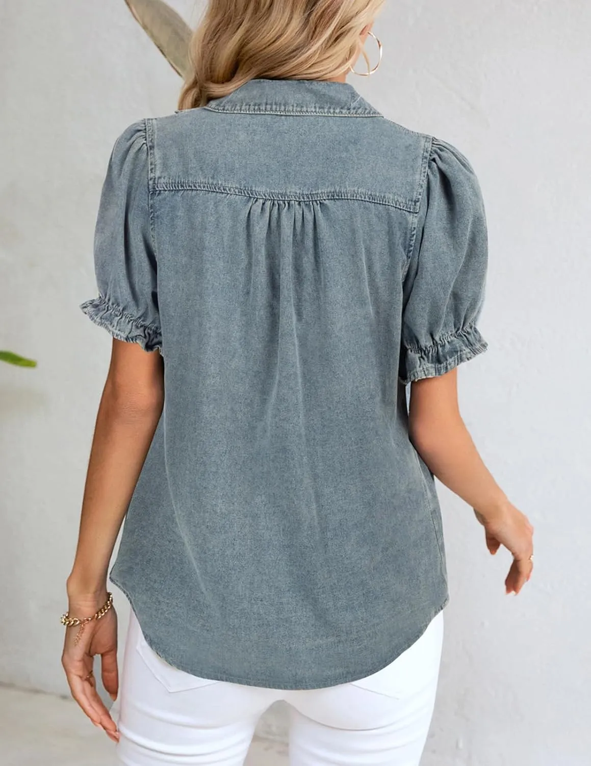KANCY KOLE Womens Denim Shirts Button Down Short Puff Sleeve Lightweight Jeans Shirts with Pocket Business Casual Tops