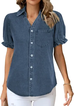KANCY KOLE Womens Denim Shirts Button Down Short Puff Sleeve Lightweight Jeans Shirts with Pocket Business Casual Tops