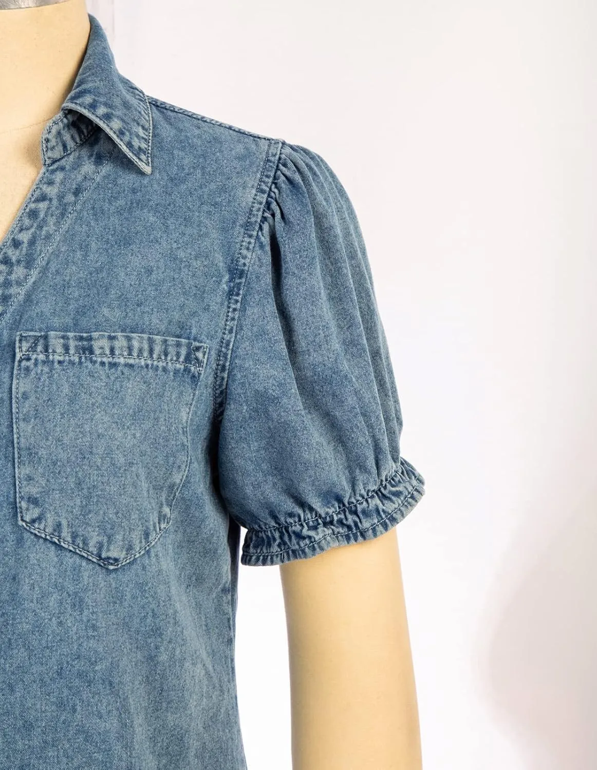 KANCY KOLE Womens Denim Shirts Button Down Short Puff Sleeve Lightweight Jeans Shirts with Pocket Business Casual Tops