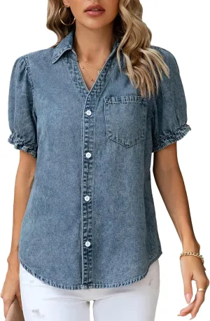 KANCY KOLE Womens Denim Shirts Button Down Short Puff Sleeve Lightweight Jeans Shirts with Pocket Business Casual Tops