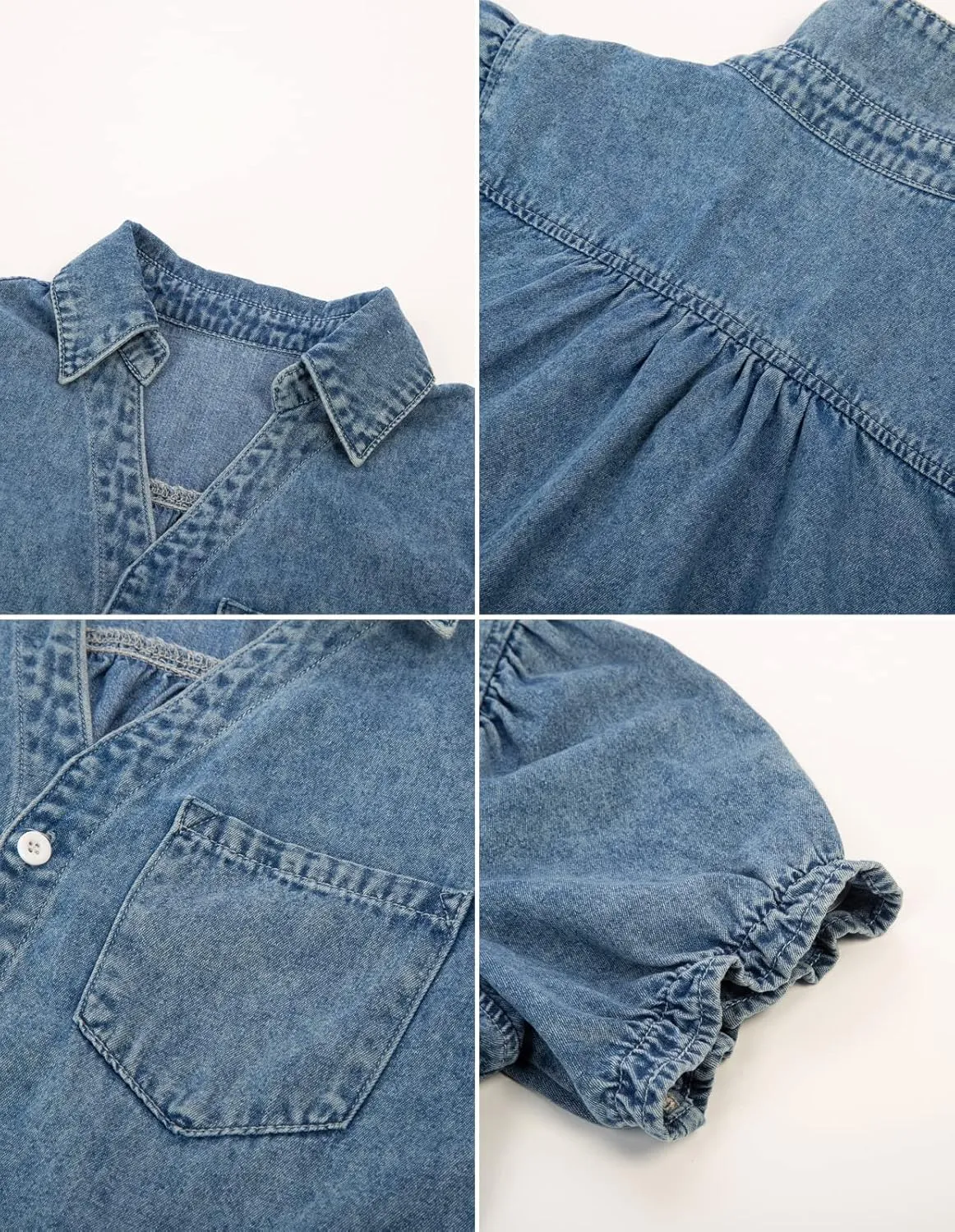 KANCY KOLE Womens Denim Shirts Button Down Short Puff Sleeve Lightweight Jeans Shirts with Pocket Business Casual Tops