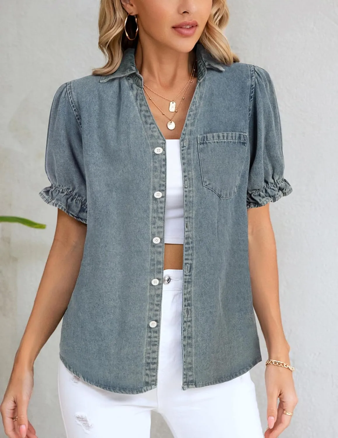 KANCY KOLE Womens Denim Shirts Button Down Short Puff Sleeve Lightweight Jeans Shirts with Pocket Business Casual Tops