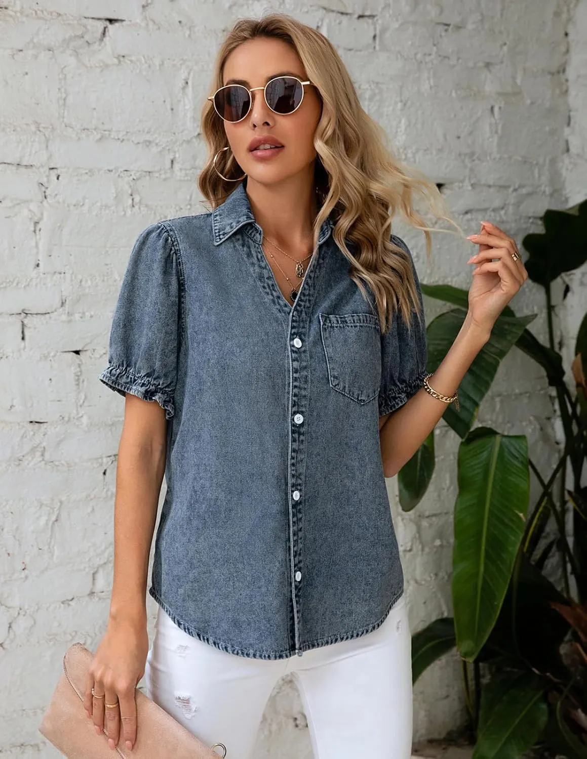 KANCY KOLE Womens Denim Shirts Button Down Short Puff Sleeve Lightweight Jeans Shirts with Pocket Business Casual Tops