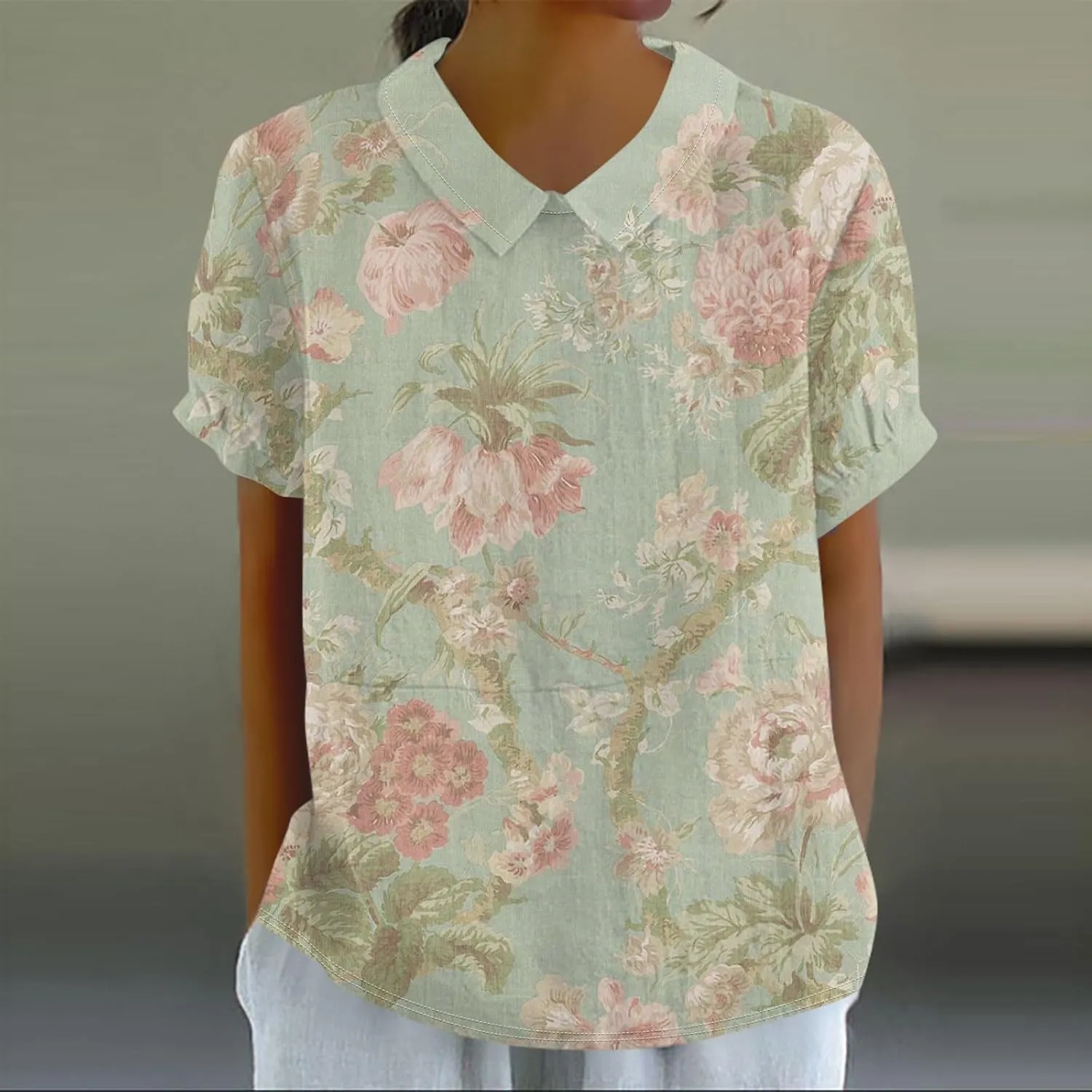 Linen Blouses for Women Dressy Casual Lapel Collar Shirts Retro Cute Floral Print Tee Loose Short Sleeve Boho Blouses