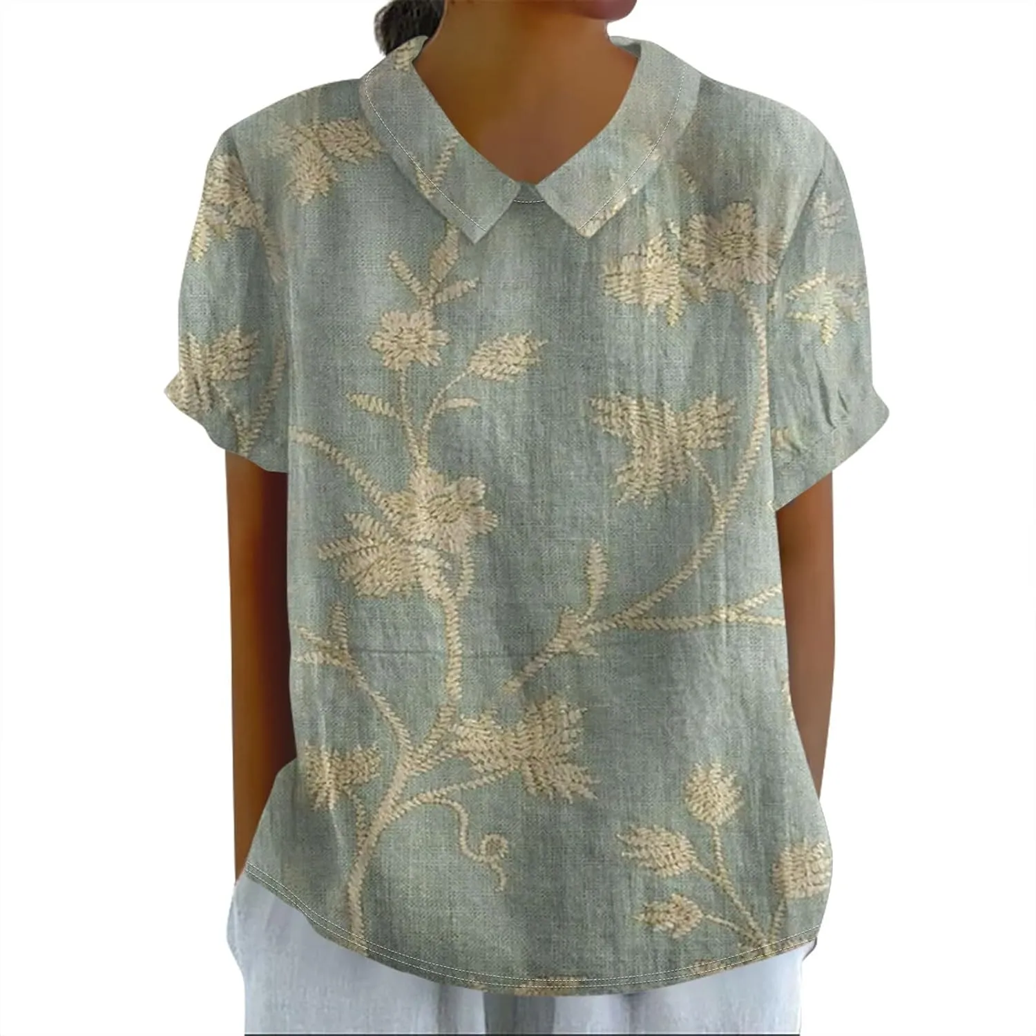 Linen Blouses for Women Dressy Casual Lapel Collar Shirts Retro Cute Floral Print Tee Loose Short Sleeve Boho Blouses