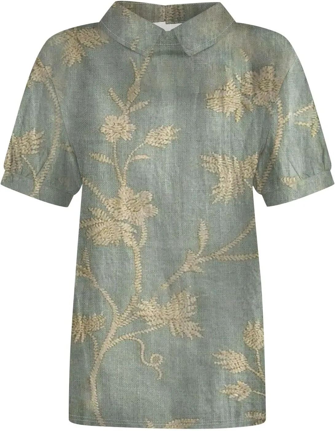 Linen Blouses for Women Dressy Casual Lapel Collar Shirts Retro Cute Floral Print Tee Loose Short Sleeve Boho Blouses