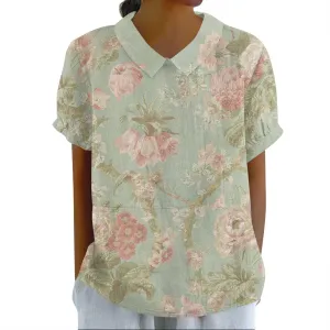 Linen Blouses for Women Dressy Casual Lapel Collar Shirts Retro Cute Floral Print Tee Loose Short Sleeve Boho Blouses