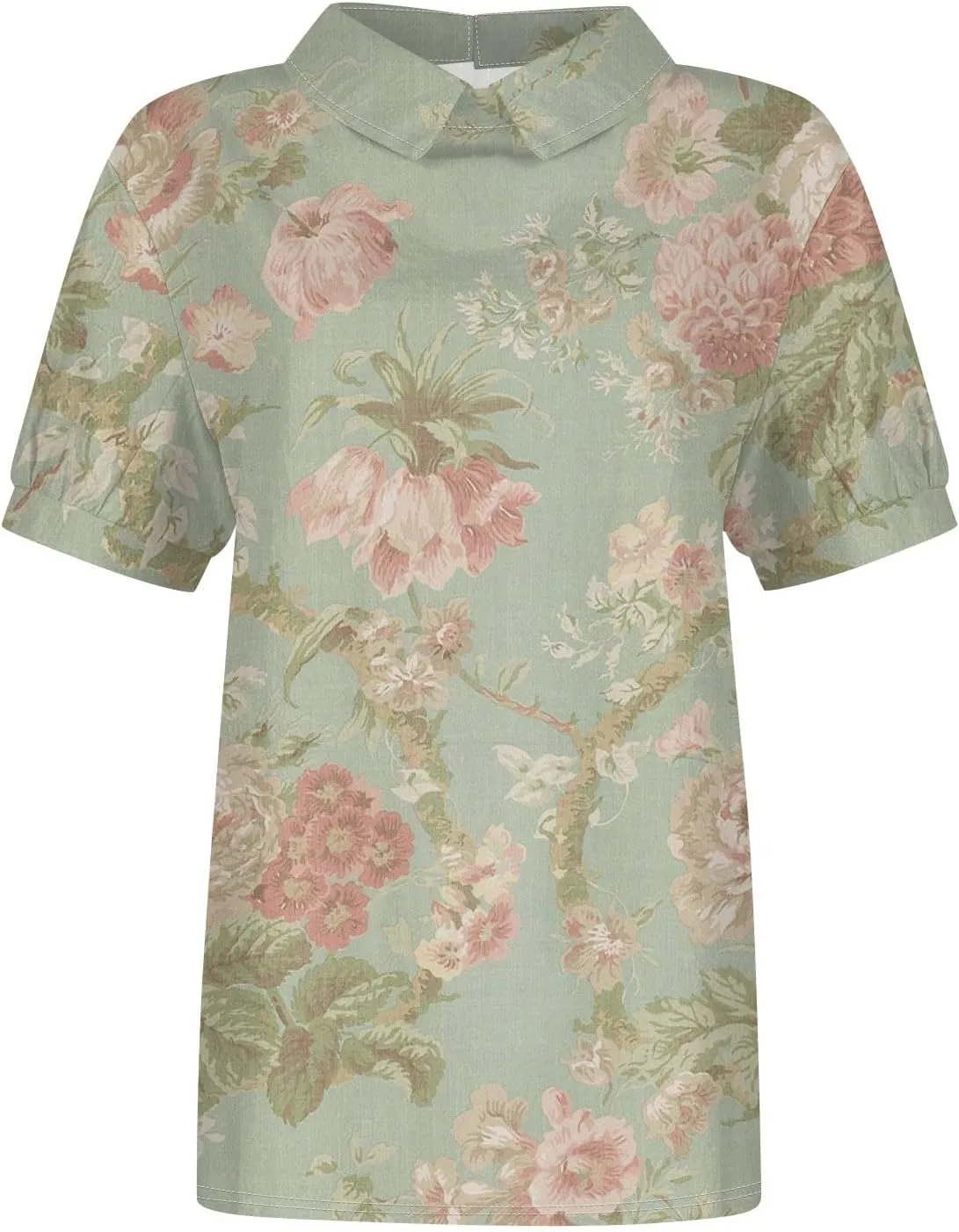 Linen Blouses for Women Dressy Casual Lapel Collar Shirts Retro Cute Floral Print Tee Loose Short Sleeve Boho Blouses