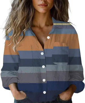 Linen Button Down Shirts for Women Floral Striped Vintage Boho Tops Dressy Casual Fit Long Sleeve Blouse with Pocket