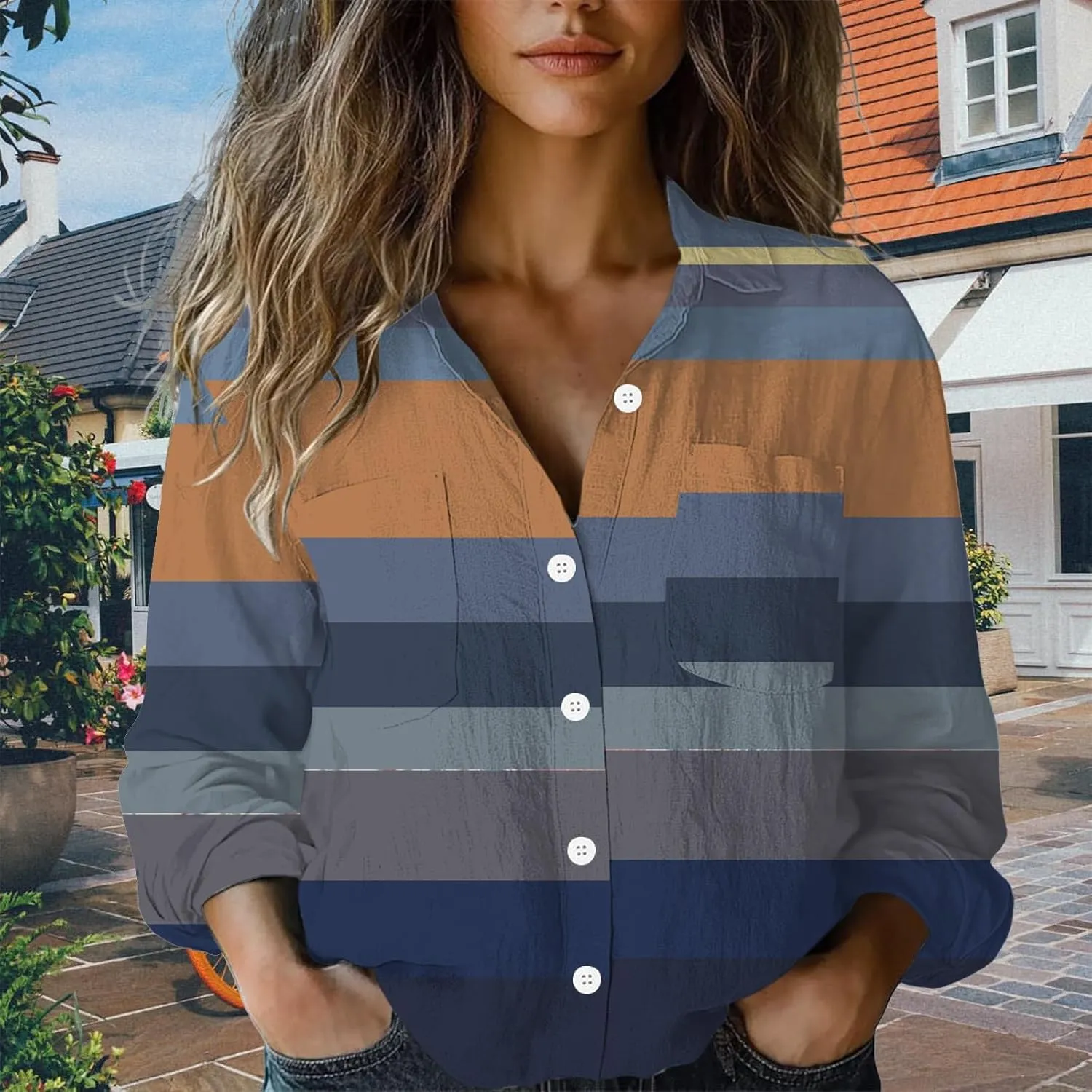 Linen Button Down Shirts for Women Floral Striped Vintage Boho Tops Dressy Casual Fit Long Sleeve Blouse with Pocket