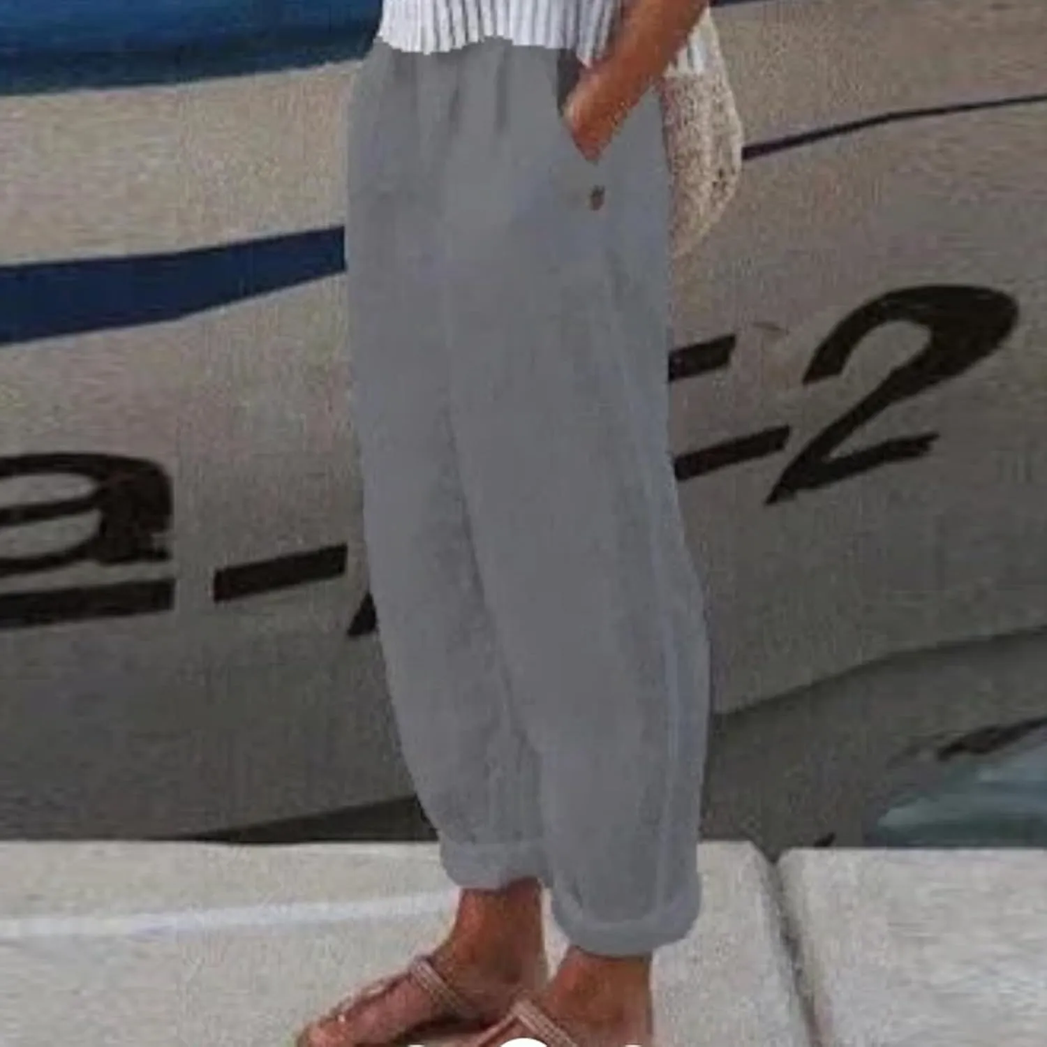 Linen Pants for Women Summer Straight Leg Casual Pants Elastic Waist Crop Trousers Summer Lightweight Vacation Pants