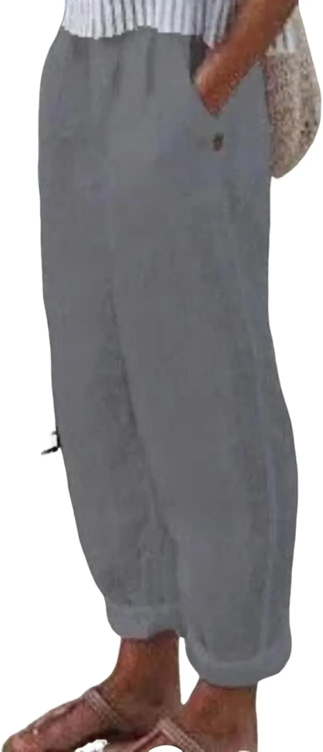 Linen Pants for Women Summer Straight Leg Casual Pants Elastic Waist Crop Trousers Summer Lightweight Vacation Pants
