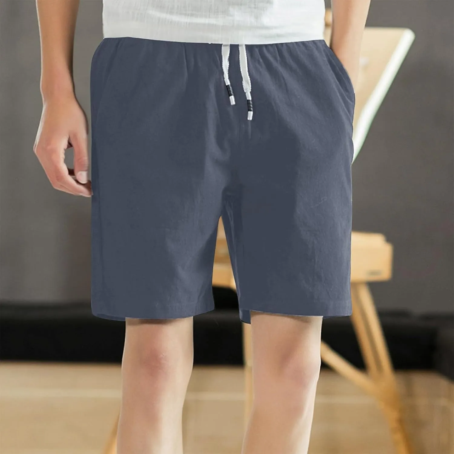 Linen Shorts for Men Texture Drawstring Lounge Pant Baggy Comfy Running Hiking Aethletic Shorts with Pocket Plus Size
