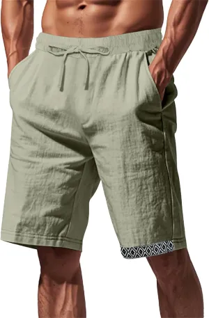 Linen Shorts for Mens Baggy Cool Boho Beach Vacation Summer Pants Elastic Waist Drawstring Casual Shorts with Pockets