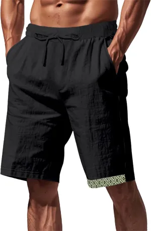 Linen Shorts for Mens Baggy Cool Boho Beach Vacation Summer Pants Elastic Waist Drawstring Casual Shorts with Pockets