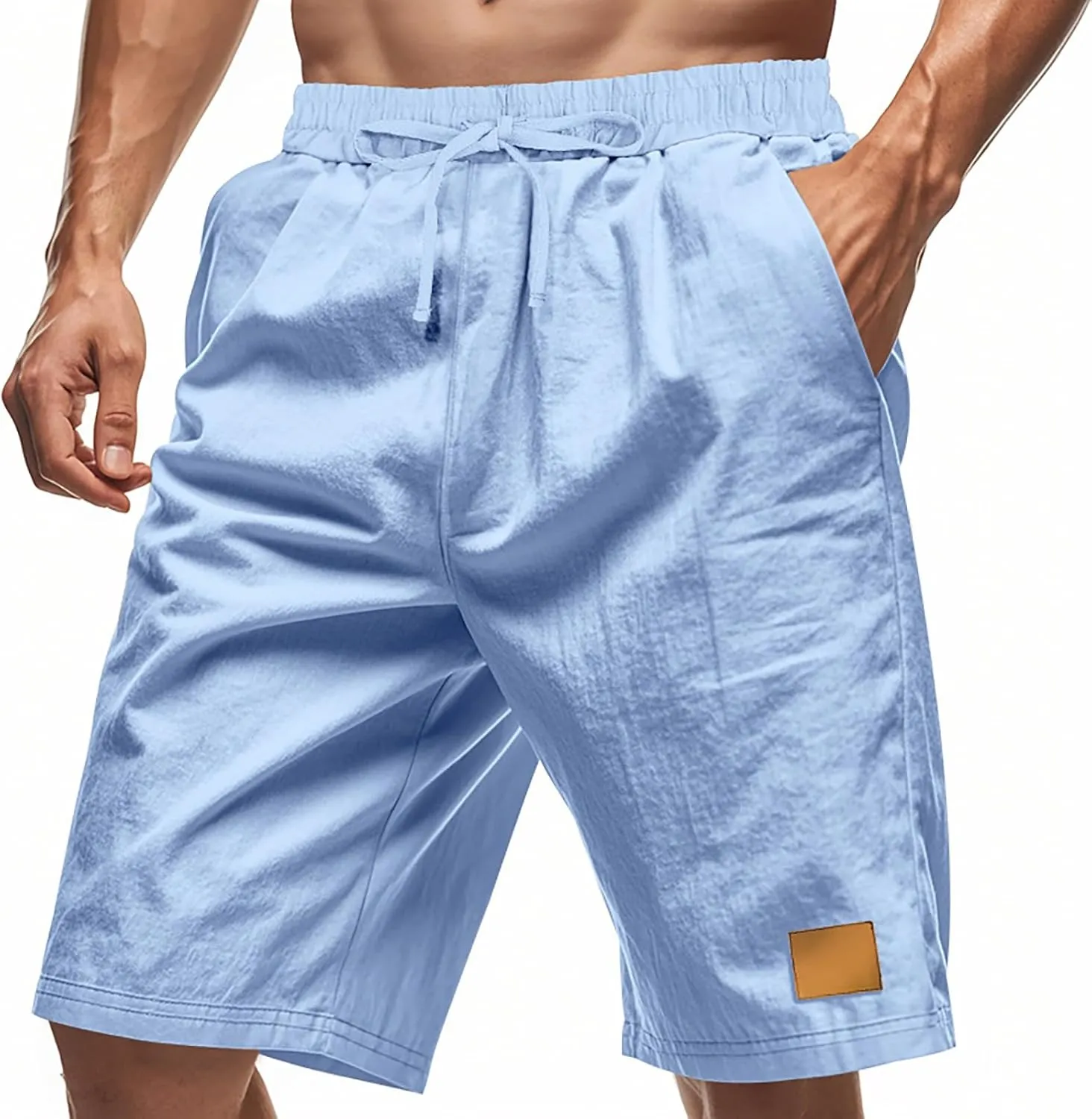 Linen Shorts for Mens Retro Summer Comfy Breathable Baggy Holiday Beach Pants Elastic Waist Casual Shorts with Pocket