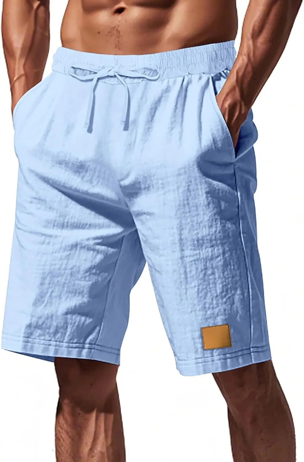 Linen Shorts for Mens Retro Summer Comfy Breathable Baggy Holiday Beach Pants Elastic Waist Casual Shorts with Pocket