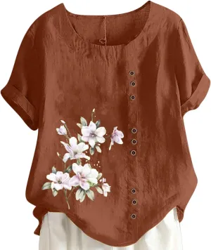 Linen Tops for Women 2024 Floral Print Tunic Tops Short Sleeve Gauze Blouses Shirt Causal Summer Peasant Boho Clothing