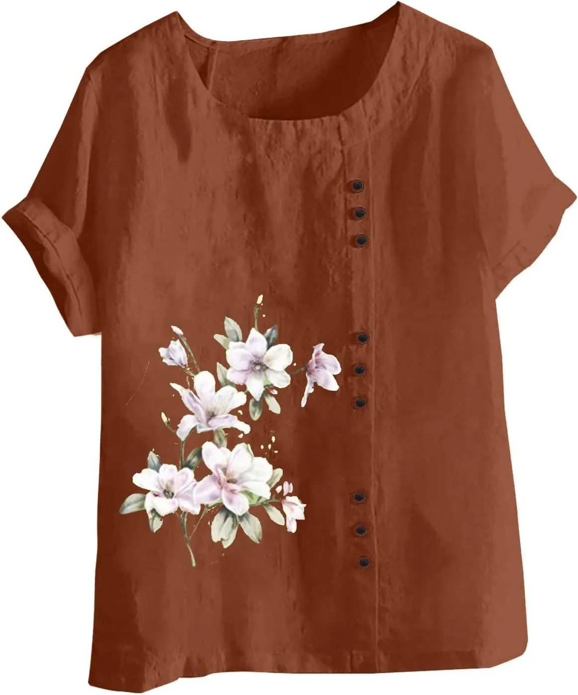 Linen Tops for Women 2024 Floral Print Tunic Tops Short Sleeve Gauze Blouses Shirt Causal Summer Peasant Boho Clothing