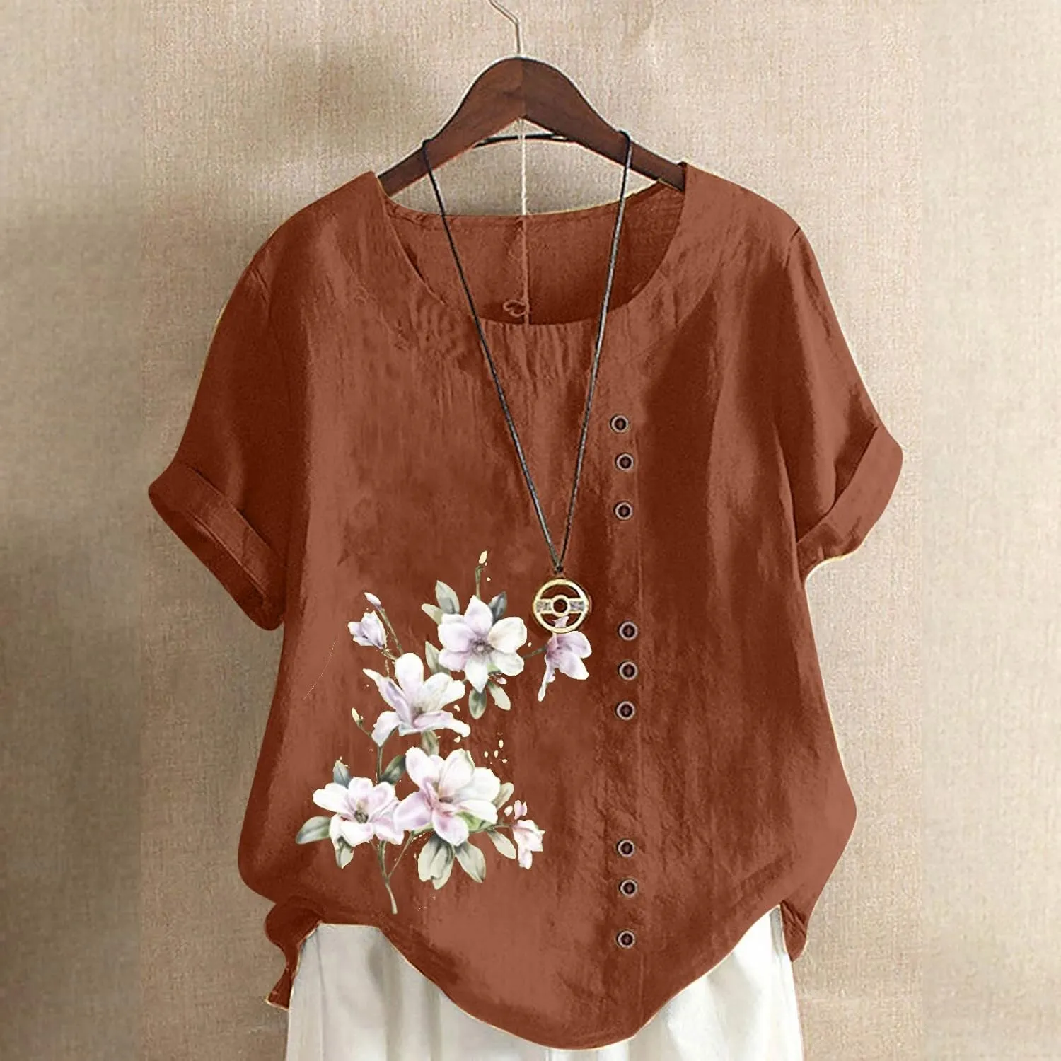 Linen Tops for Women 2024 Floral Print Tunic Tops Short Sleeve Gauze Blouses Shirt Causal Summer Peasant Boho Clothing