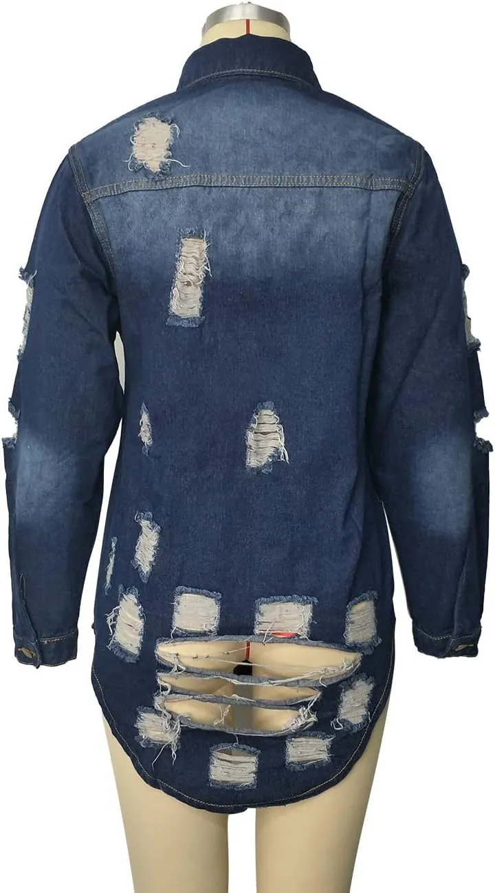 Long Jean Jacket for Women Oversized Long Sleeve Classic Distressed Trucker Denim Jackets Trendy Coat with Pockets