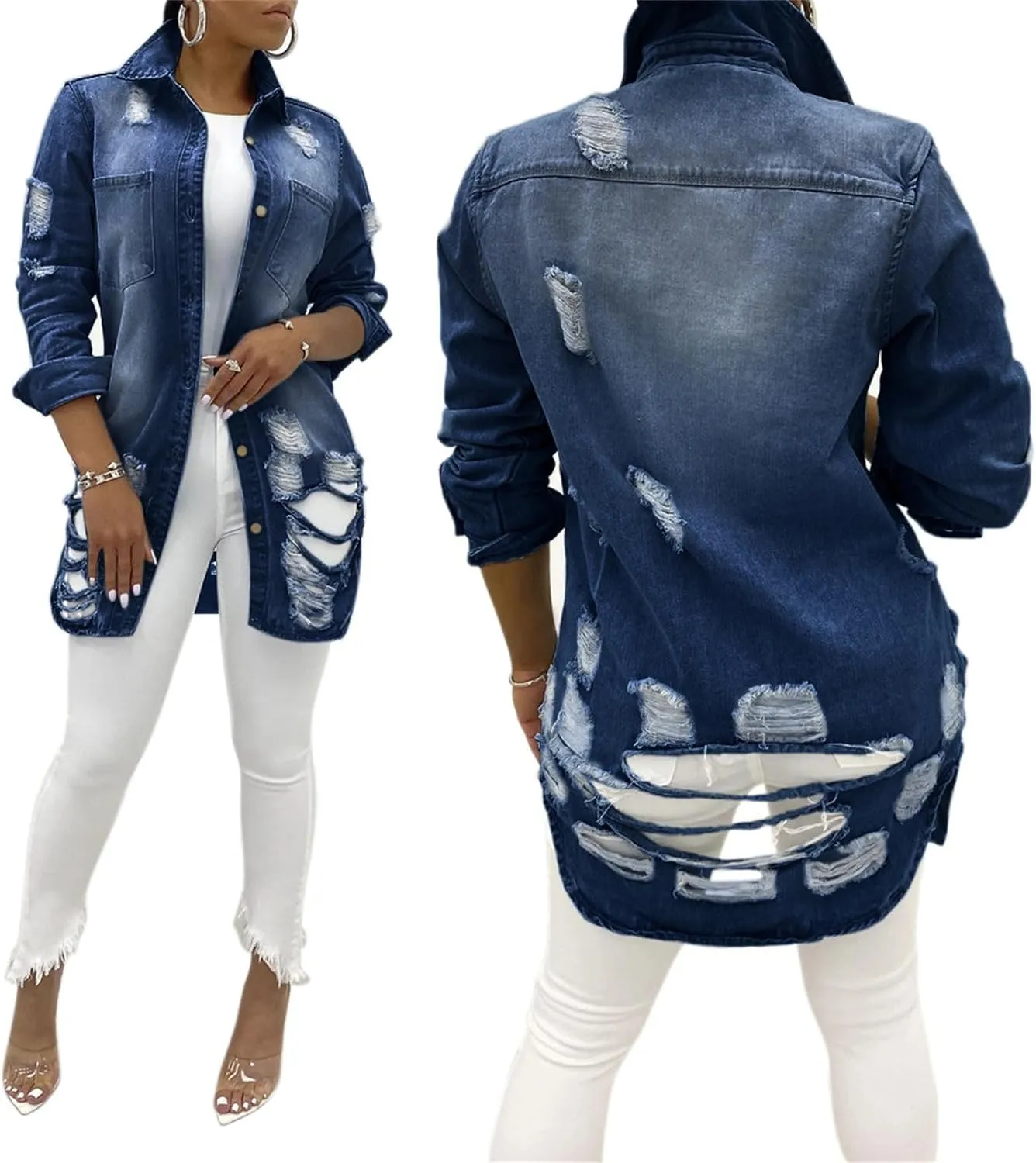 Long Jean Jacket for Women Oversized Long Sleeve Classic Distressed Trucker Denim Jackets Trendy Coat with Pockets