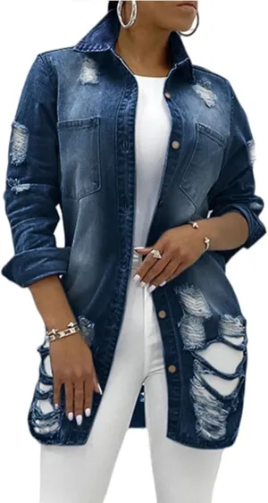 Long Jean Jacket for Women Oversized Long Sleeve Classic Distressed Trucker Denim Jackets Trendy Coat with Pockets