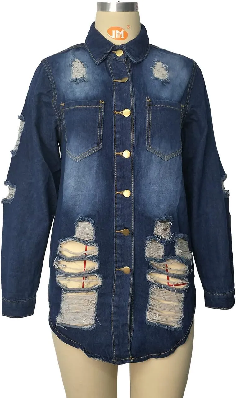 Long Jean Jacket for Women Oversized Long Sleeve Classic Distressed Trucker Denim Jackets Trendy Coat with Pockets