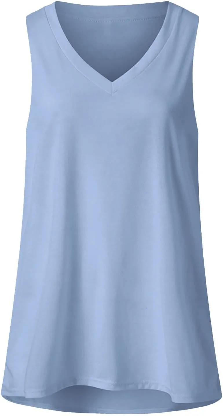 Long Tunic Tank Tops for Women 2024 Trendy Blouses Shirts V Neck Sleeveless Casual Summer Tshirts Vacation Clothes