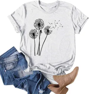 MaQiYa Womens Cute Make A Wish Dandelion Printed Tee Shirts Summer Cotton Vintage Graphic Tees Tops