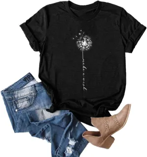 MaQiYa Womens Cute Make A Wish Dandelion Printed Tee Shirts Summer Cotton Vintage Graphic Tees Tops