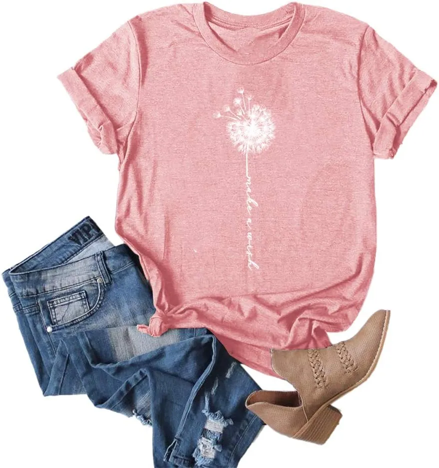 MaQiYa Womens Cute Make A Wish Dandelion Printed Tee Shirts Summer Cotton Vintage Graphic Tees Tops