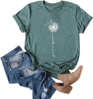 MaQiYa Womens Cute Make A Wish Dandelion Printed Tee Shirts Summer Cotton Vintage Graphic Tees Tops