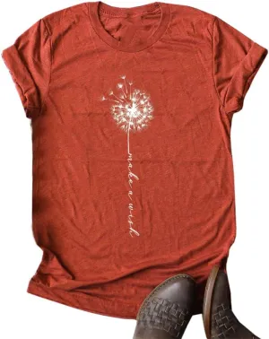 MaQiYa Womens Cute Make A Wish Dandelion Printed Tee Shirts Summer Cotton Vintage Graphic Tees Tops