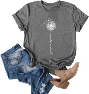 MaQiYa Womens Cute Make A Wish Dandelion Printed Tee Shirts Summer Cotton Vintage Graphic Tees Tops