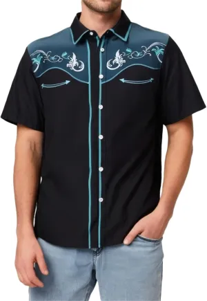 Men 2025 Fashion Western Cowboy Shirts Loose Comfy Short Sleeve Summer Vacation Tops Stylish Embroidered Rose