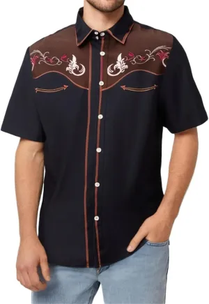 Men 2025 Fashion Western Cowboy Shirts Loose Comfy Short Sleeve Summer Vacation Tops Stylish Embroidered Rose