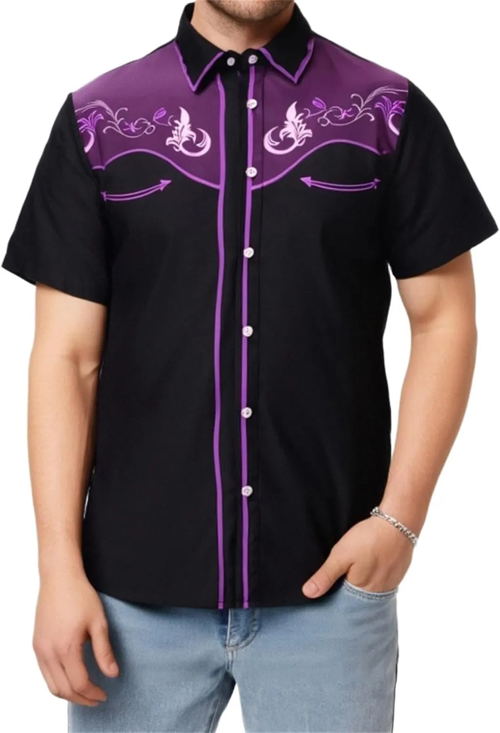 Men 2025 Fashion Western Cowboy Shirts Loose Comfy Short Sleeve Summer Vacation Tops Stylish Embroidered Rose