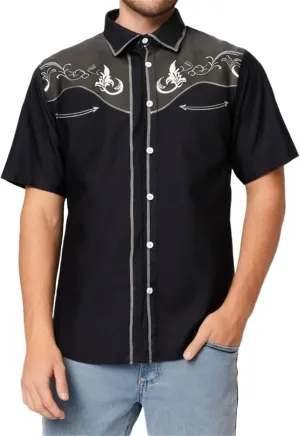 Men 2025 Fashion Western Cowboy Shirts Loose Comfy Short Sleeve Summer Vacation Tops Stylish Embroidered Rose