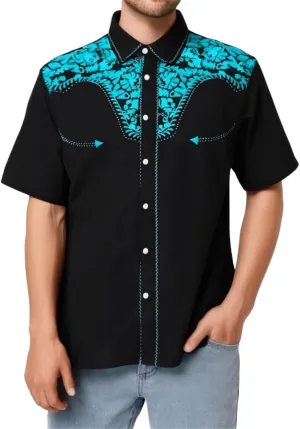 Men 2025 Fashion Western Cowboy Shirts Loose Comfy Short Sleeve Summer Vacation Tops Stylish Embroidered Rose