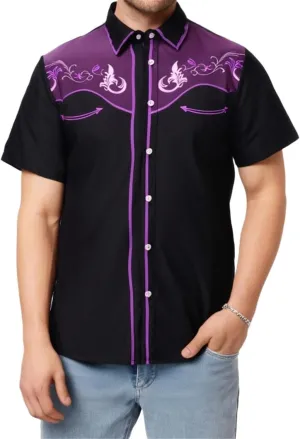 Men 2025 Fashion Western Cowboy Shirts Loose Comfy Short Sleeve Summer Vacation Tops Stylish Embroidered Rose