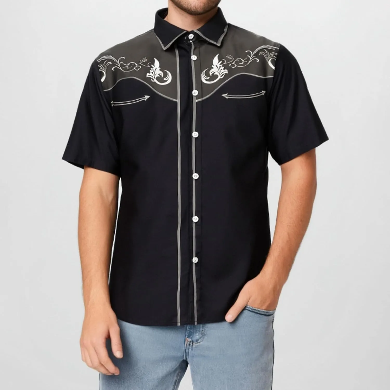 Men 2025 Fashion Western Cowboy Shirts Loose Comfy Short Sleeve Summer Vacation Tops Stylish Embroidered Rose