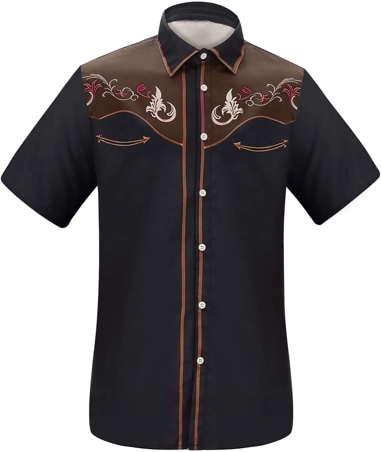 Men 2025 Fashion Western Cowboy Shirts Loose Comfy Short Sleeve Summer Vacation Tops Stylish Embroidered Rose